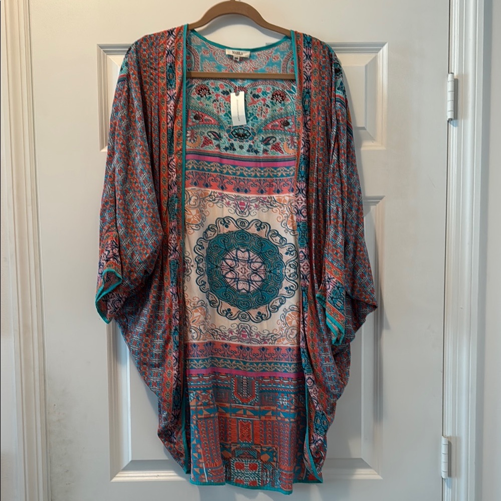 Anthropologie Mahila Turquoise and Pink Floral Kimono